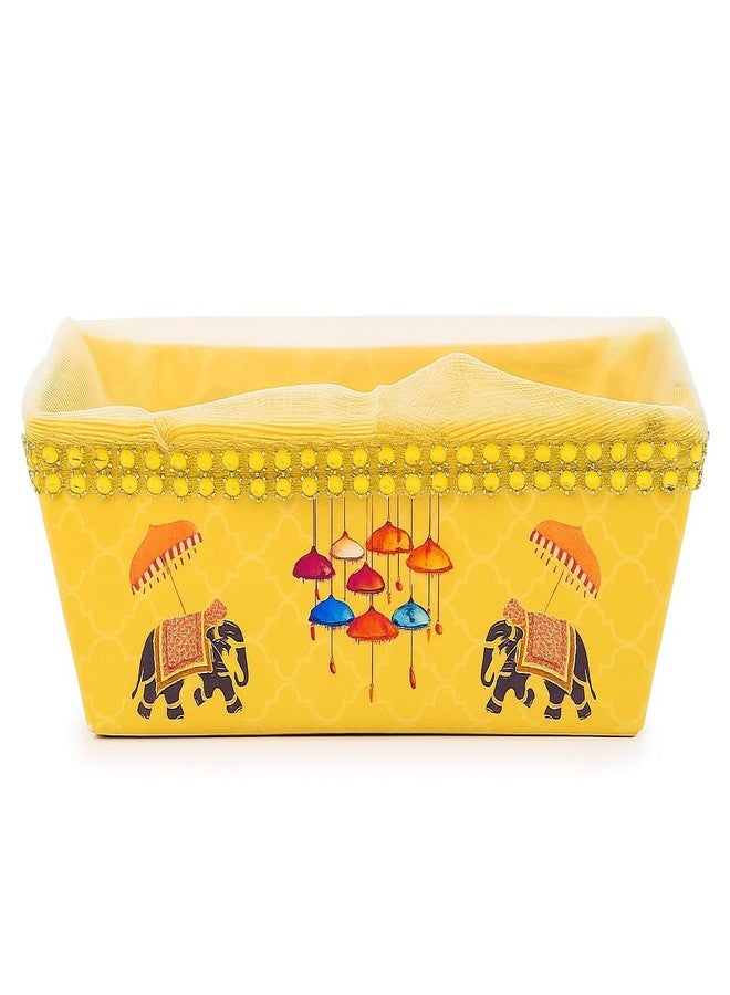 Scissors Crafts - Decorative Gift Basket with Traditional Dance Art & Net Cover | storage Hamper Basket | Cardboard Hamper Basket | {,8*8*3}| Two Ehinic Style (royal umbrela & elephant design, 20) - Image 1